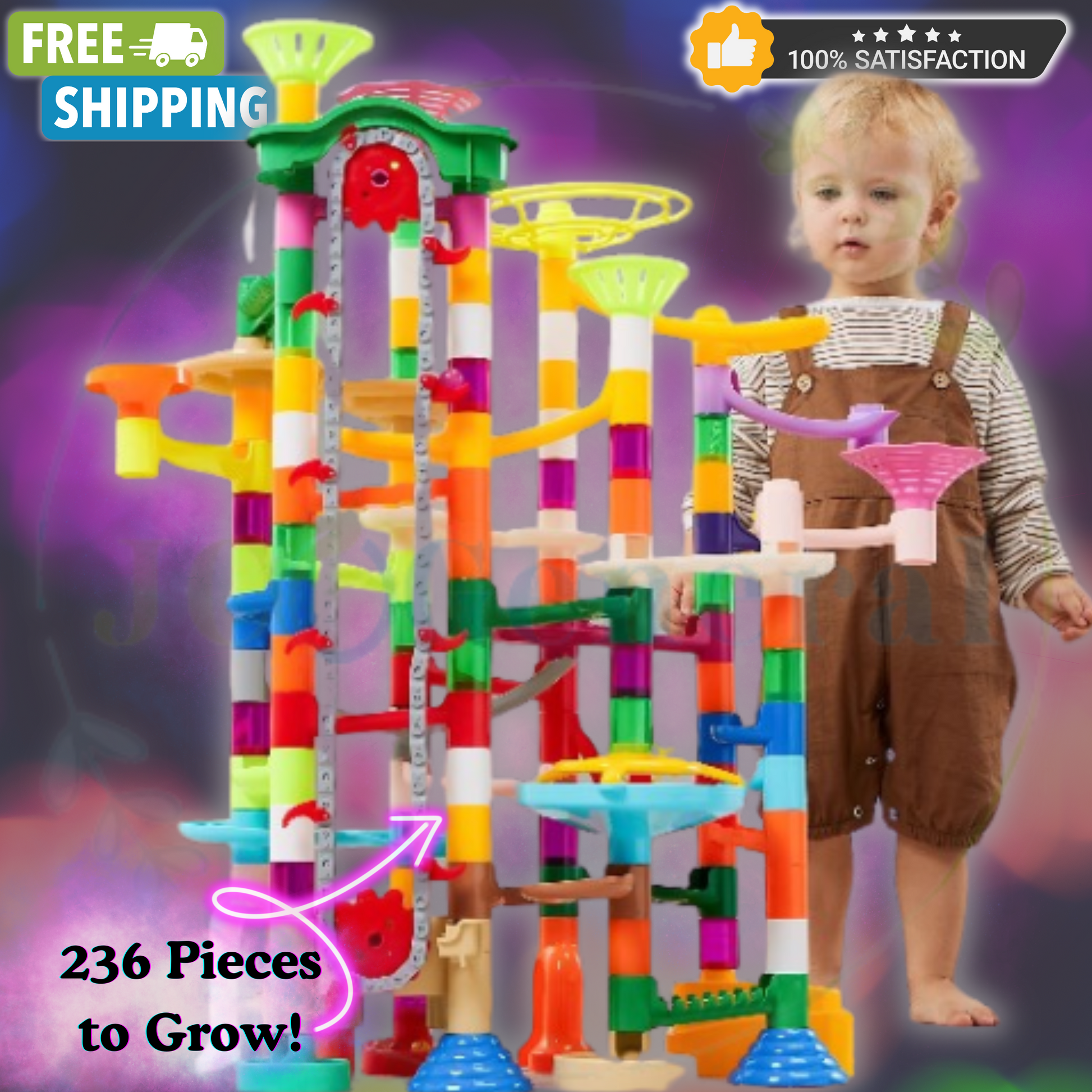 Glowing Galaxy Marble Run with Motorized Elevator (236 Pcs): Glow in the Dark Elevator Marble Run Construction Set by JOYIN (ages 3 and up)