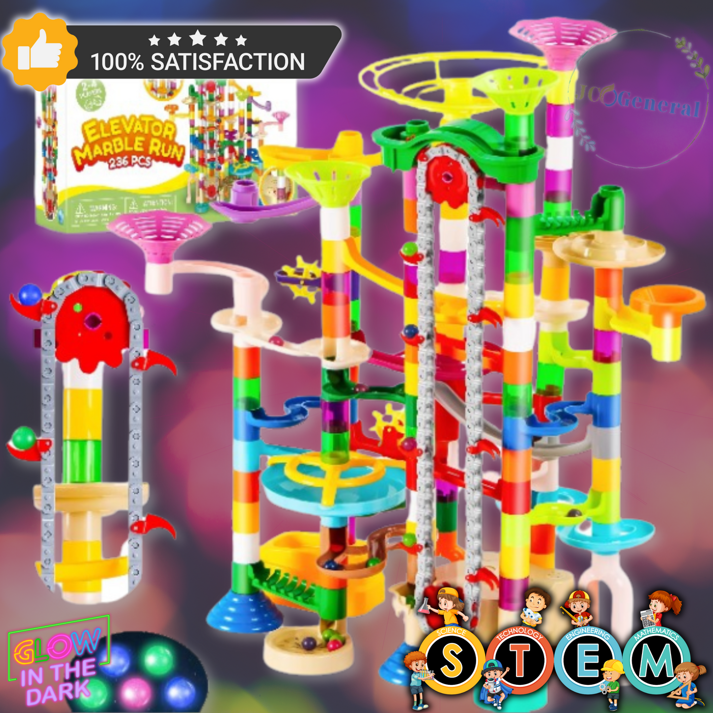 Glowing Galaxy Marble Run with Motorized Elevator (236 Pcs): Glow in the Dark Elevator Marble Run Construction Set by JOYIN (ages 3 and up)