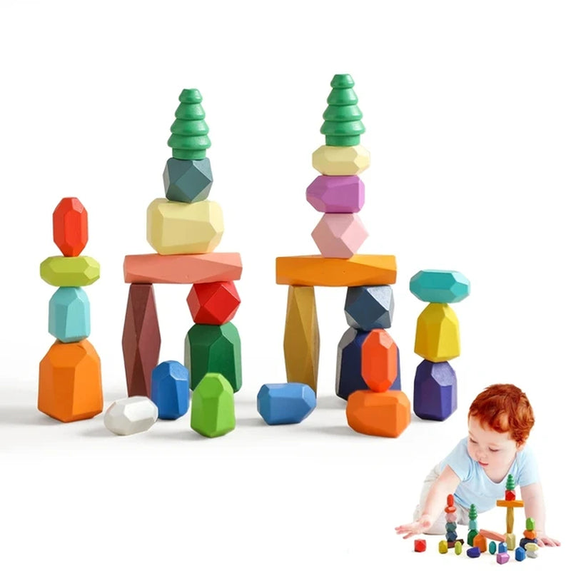 Rainbow Zen Balancing Blocks: Montessori Balancing Stones-Wooden