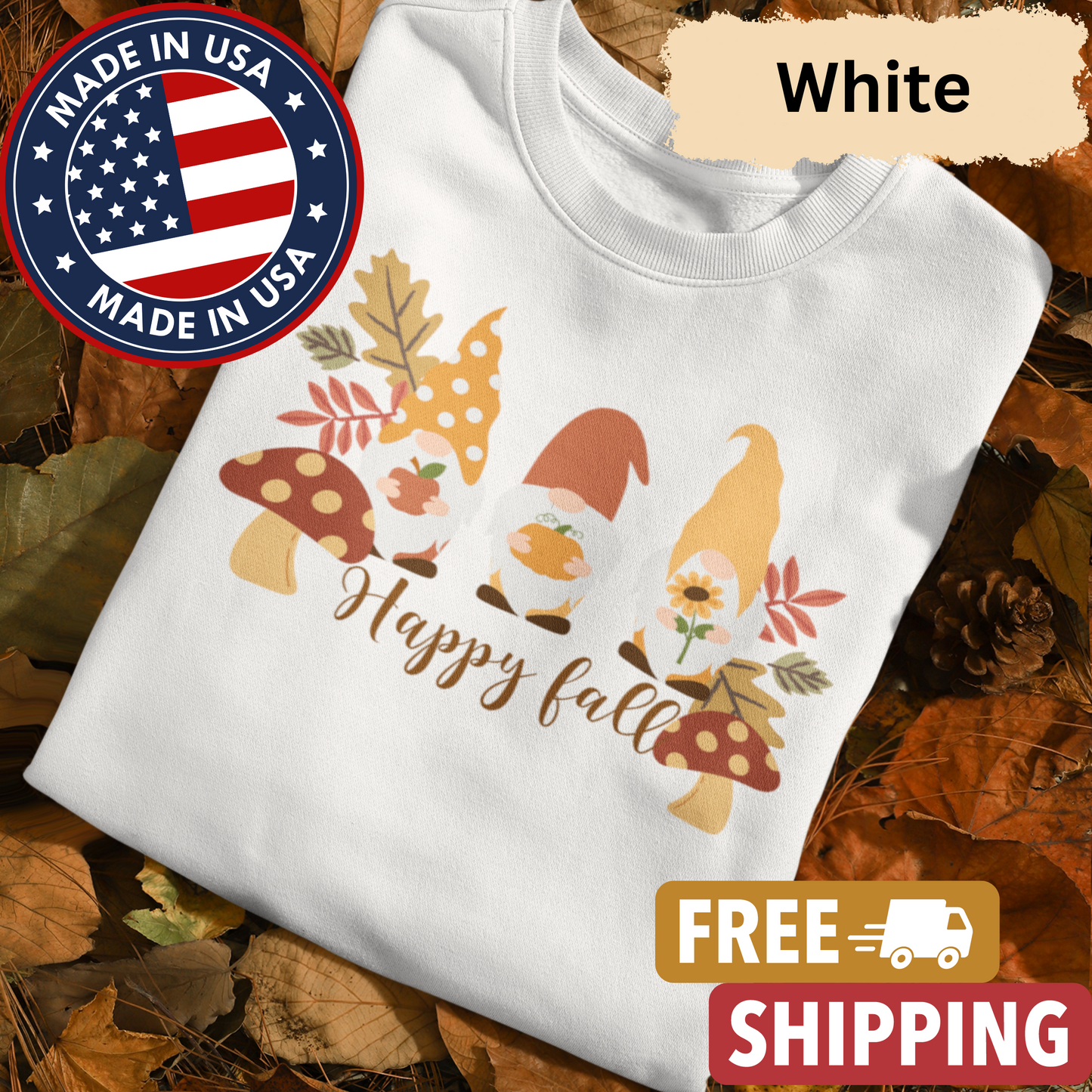 Gnome "Happy Fall" Adult Crewneck Sweatshirt l Gnomes l Fall l Apple l Pumpkin l Mushroom l Leaves l Sunflower