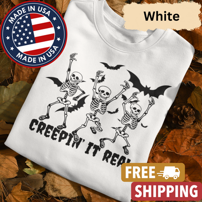 Skeleton "Creepin' it Real" Adult Crewneck Sweatshirt l Bats l Halloween l Punny