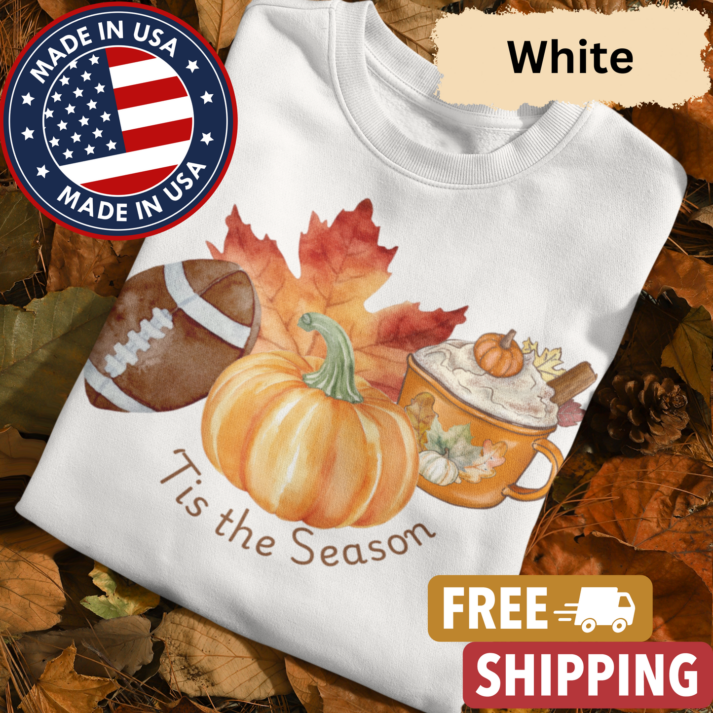 Fall "'Tis the Season" Adult Crewneck Sweatshirt l Pumpkins l Football l Leaves l  Pumpkin Spice l Latte l Cozy Season