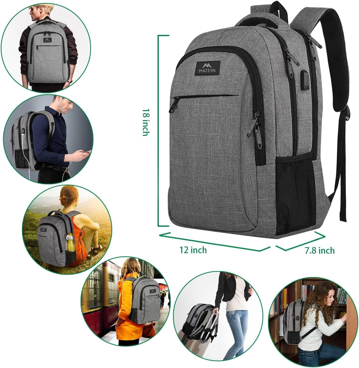 MATEIN Travel Laptop Backpack with USB Charging Port l 15.6 Inch Notebook Space