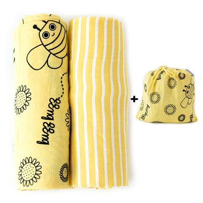 Buzzy Bee Baby Muslin Swaddle Blanket Set of 2 with Storage Bag