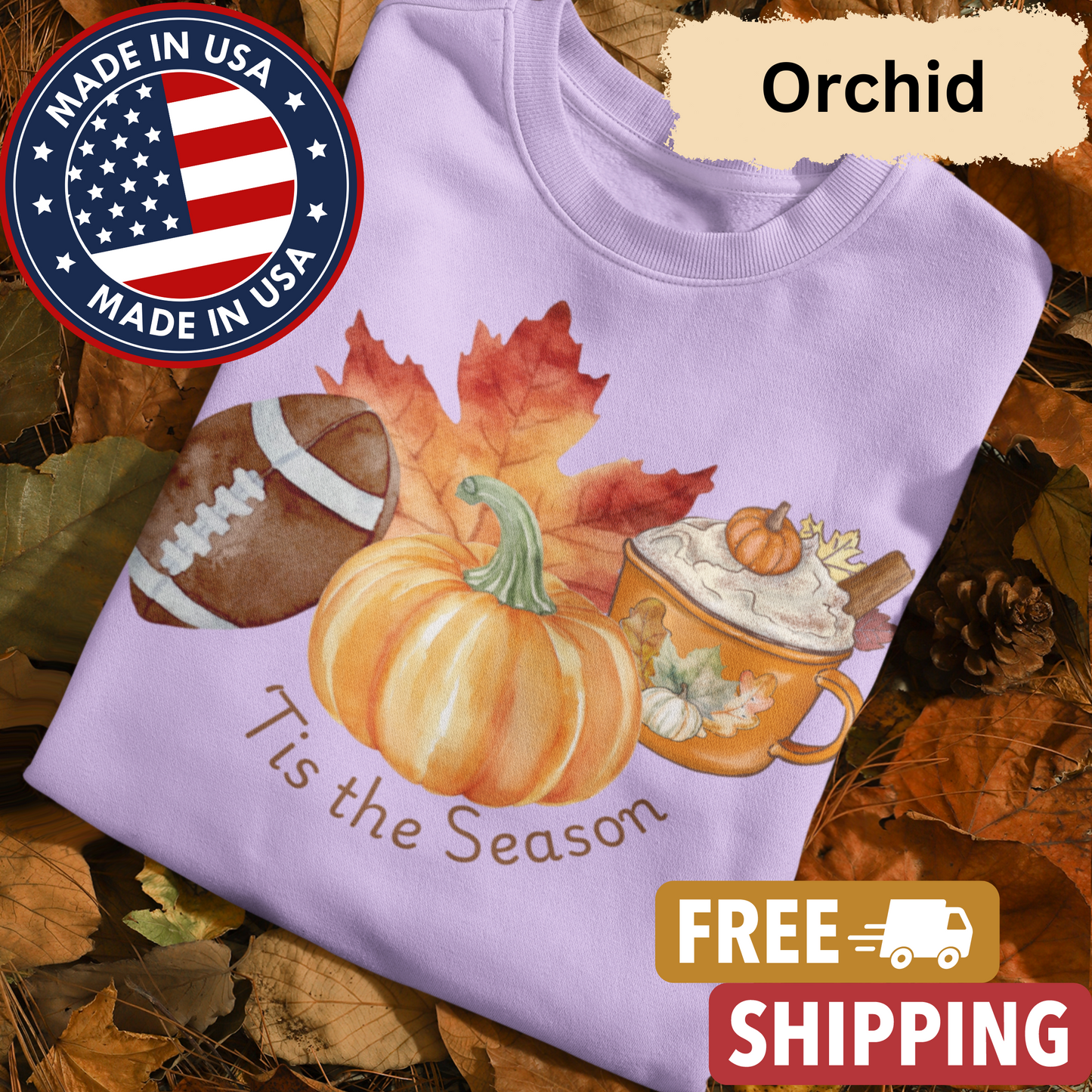 Fall "'Tis the Season" Adult Crewneck Sweatshirt l Pumpkins l Football l Leaves l  Pumpkin Spice l Latte l Cozy Season