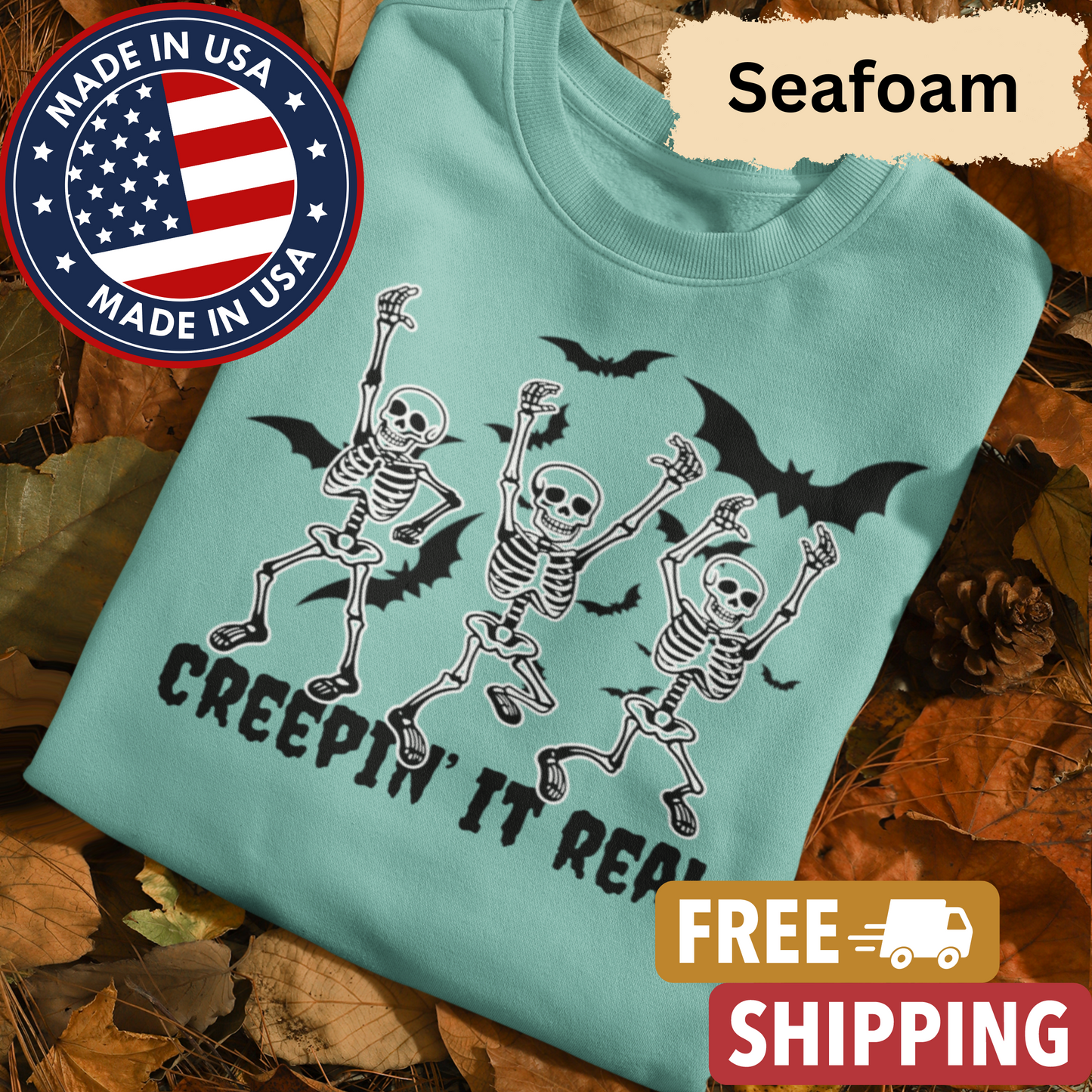 Skeleton "Creepin' it Real" Adult Crewneck Sweatshirt l Bats l Halloween l Punny