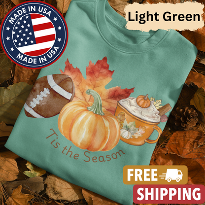 Fall "'Tis the Season" Adult Crewneck Sweatshirt l Pumpkins l Football l Leaves l  Pumpkin Spice l Latte l Cozy Season