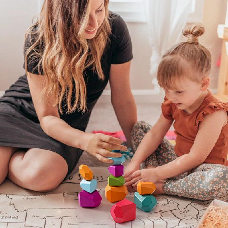 Rainbow Zen Balancing Blocks: Montessori Balancing Stones-Wooden