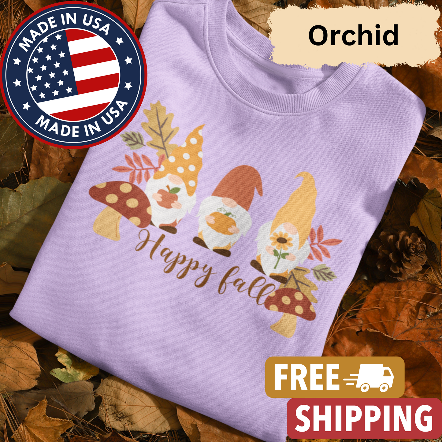 Gnome "Happy Fall" Adult Crewneck Sweatshirt l Gnomes l Fall l Apple l Pumpkin l Mushroom l Leaves l Sunflower