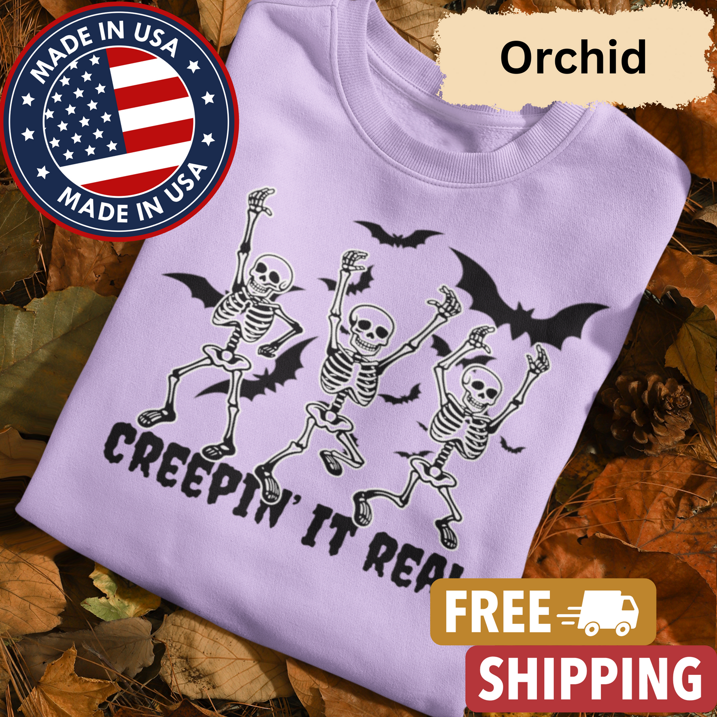 Skeleton "Creepin' it Real" Adult Crewneck Sweatshirt l Bats l Halloween l Punny