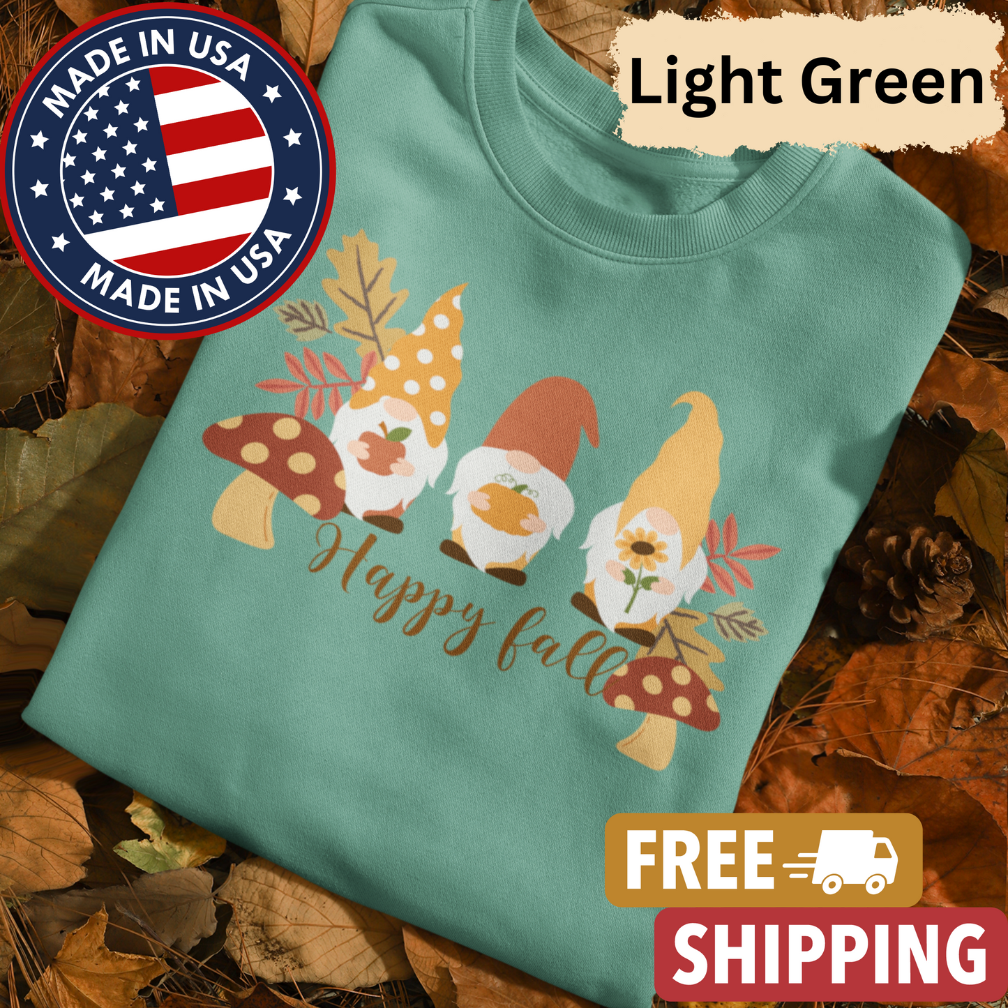 Gnome "Happy Fall" Adult Crewneck Sweatshirt l Gnomes l Fall l Apple l Pumpkin l Mushroom l Leaves l Sunflower