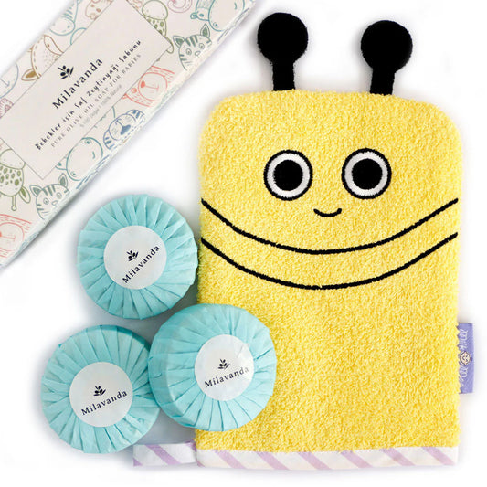 Buzzy Bee Bath Glove and Milavanda Baby Soap Set