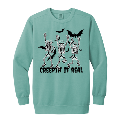 Skeleton "Creepin' it Real" Adult Crewneck Sweatshirt l Bats l Halloween l Punny