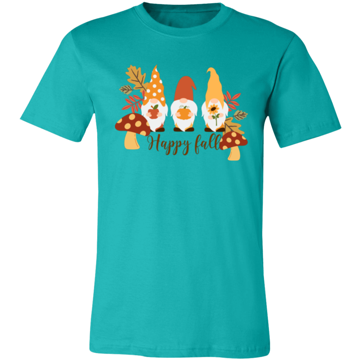 Gnome "Happy Fall" Short-Sleeve T-Shirt l Apple l Pumpkin l Sunflower l Mushrooms l Fall Leaves l Fall