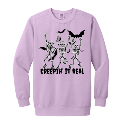 Skeleton "Creepin' it Real" Adult Crewneck Sweatshirt l Bats l Halloween l Punny