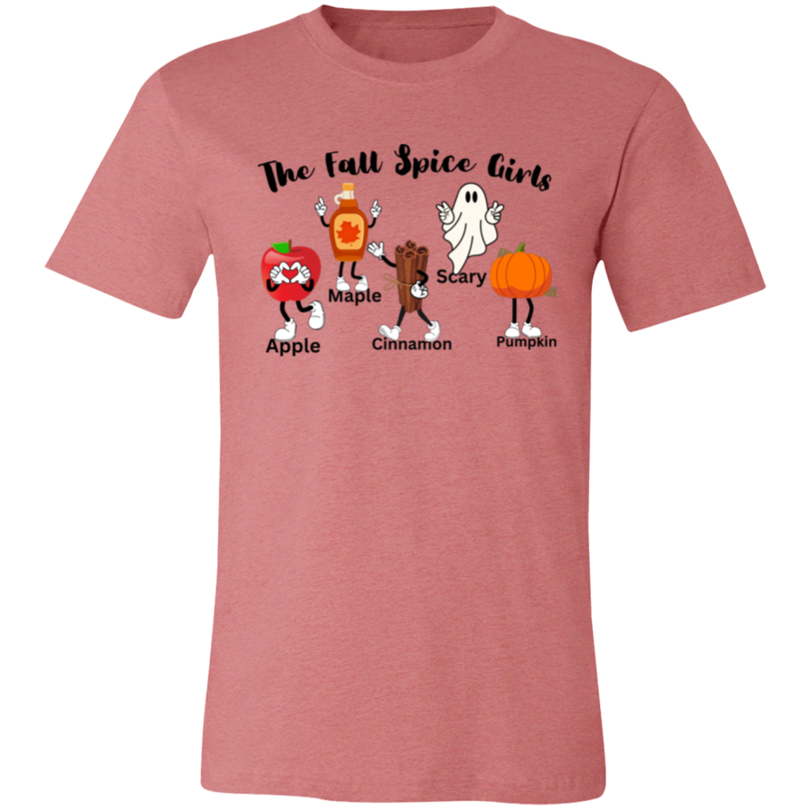 Silly Cartoon "The Fall Spice Girls" Short-Sleeve T-Shirt l Funny l Joke l Cute l Punny l Fall Humor l Apple l Pumpkin l Maple l Cinnamon l Ghost