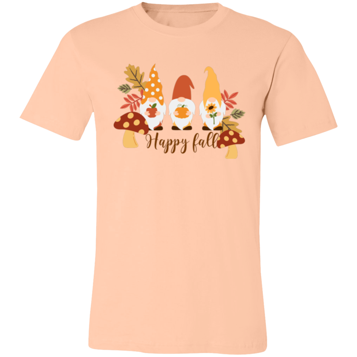 Gnome "Happy Fall" Short-Sleeve T-Shirt l Apple l Pumpkin l Sunflower l Mushrooms l Fall Leaves l Fall