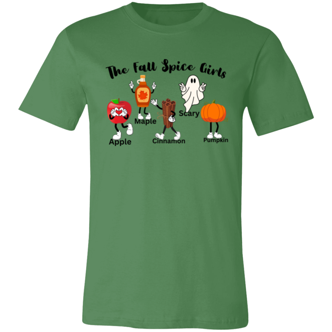 Silly Cartoon "The Fall Spice Girls" Short-Sleeve T-Shirt l Funny l Joke l Cute l Punny l Fall Humor l Apple l Pumpkin l Maple l Cinnamon l Ghost