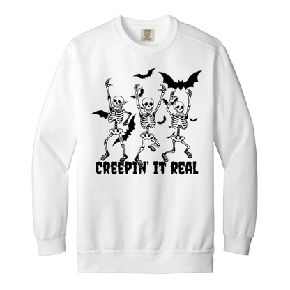 Skeleton "Creepin' it Real" Adult Crewneck Sweatshirt l Bats l Halloween l Punny