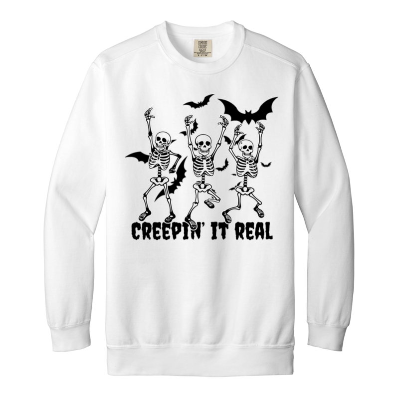 Skeleton "Creepin' it Real" Adult Crewneck Sweatshirt l Bats l Halloween l Punny