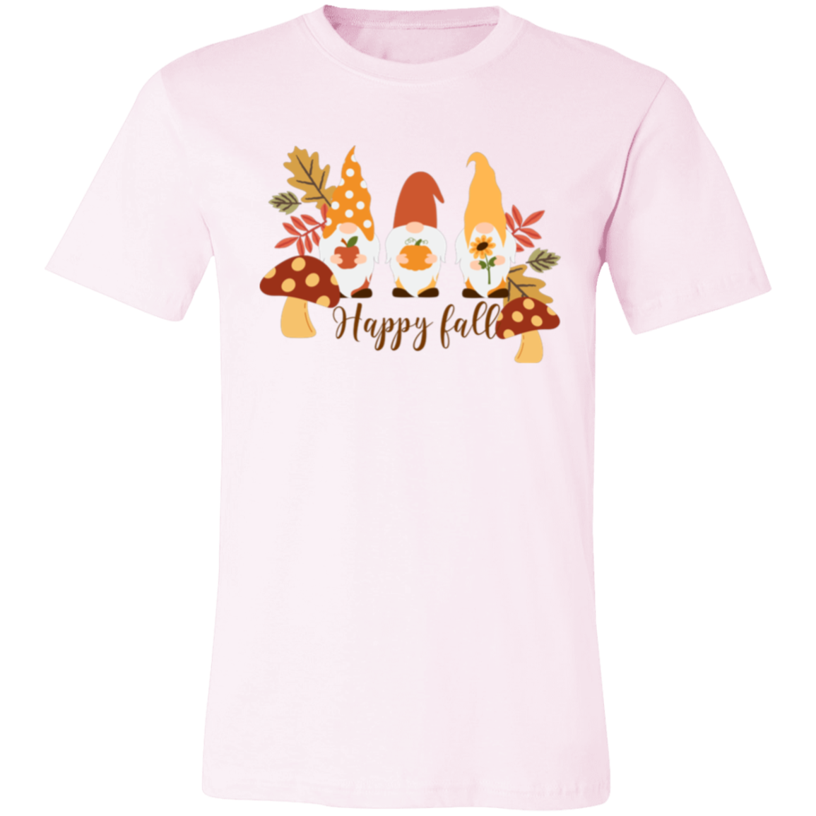 Gnome "Happy Fall" Short-Sleeve T-Shirt l Apple l Pumpkin l Sunflower l Mushrooms l Fall Leaves l Fall