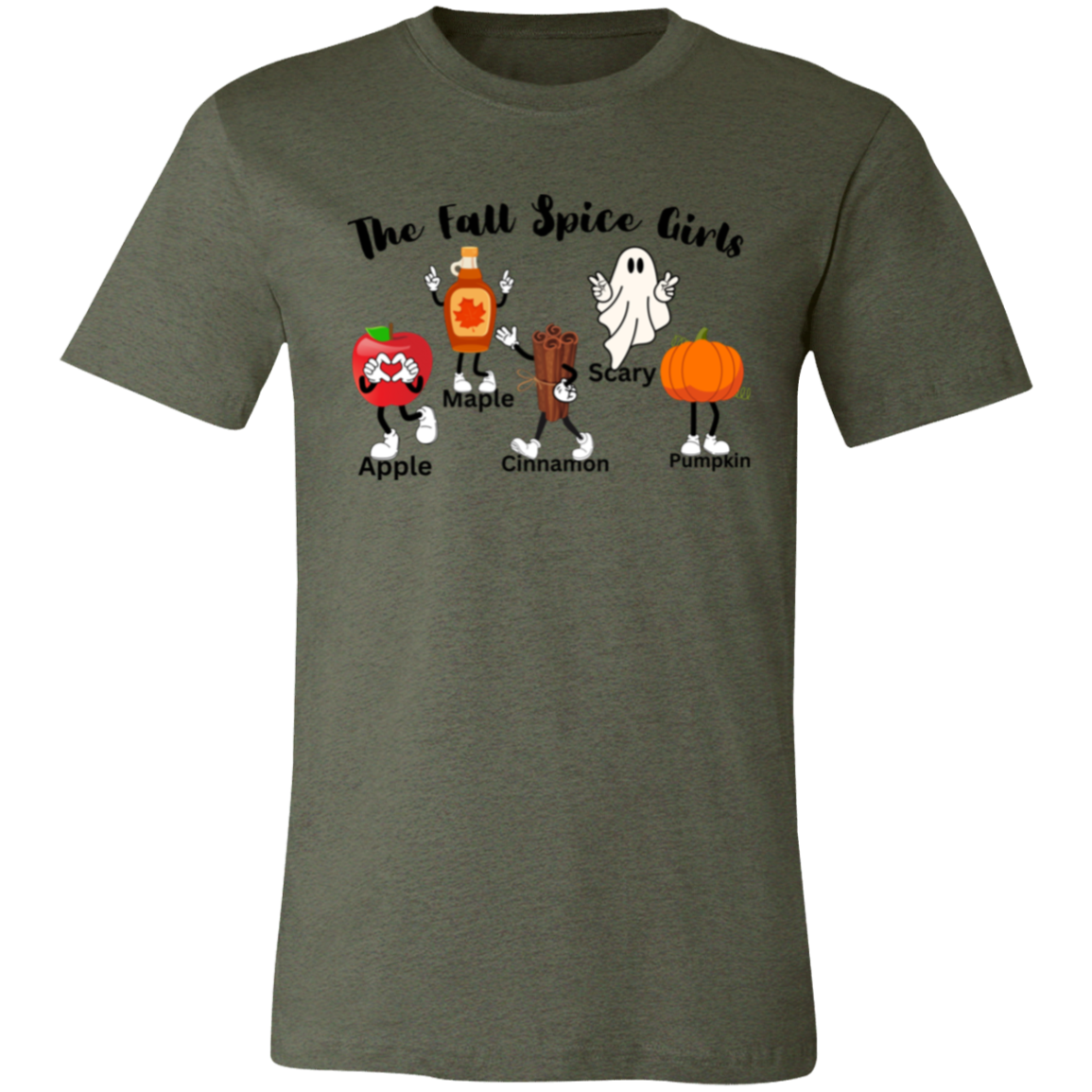 Silly Cartoon "The Fall Spice Girls" Short-Sleeve T-Shirt l Funny l Joke l Cute l Punny l Fall Humor l Apple l Pumpkin l Maple l Cinnamon l Ghost