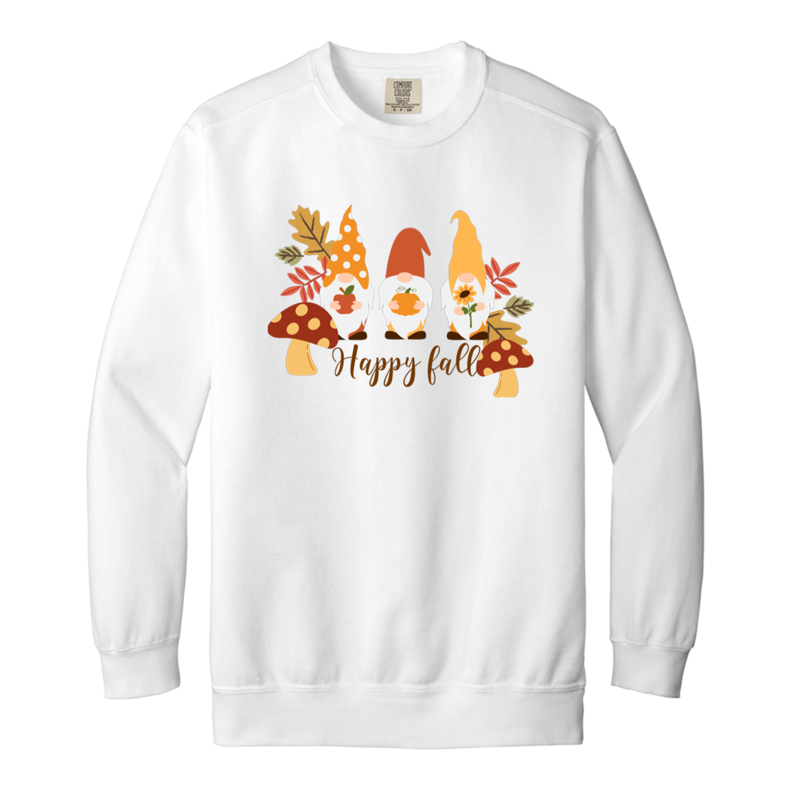 Gnome "Happy Fall" Adult Crewneck Sweatshirt l Gnomes l Fall l Apple l Pumpkin l Mushroom l Leaves l Sunflower