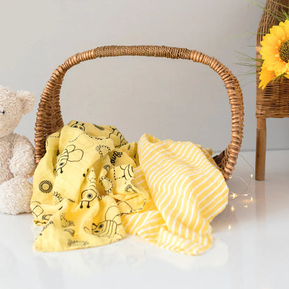 Buzzy Bee Baby Muslin Swaddle Blanket Set of 2 with Storage Bag