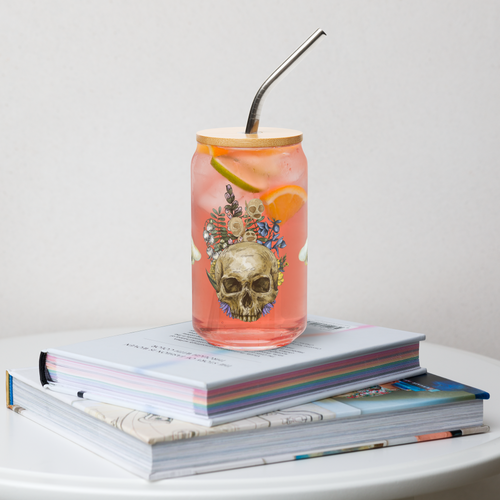 Gothic Skull and Flowers Can Shaped Cup with Lid and Straw