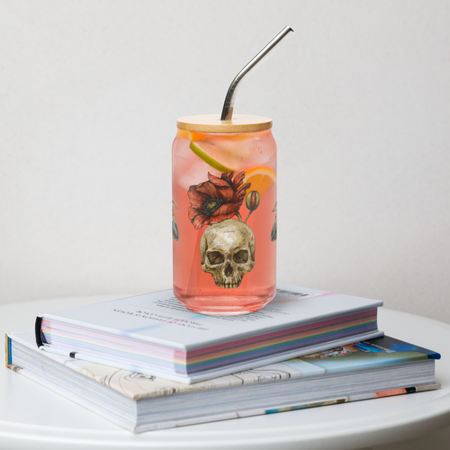 Poppy Skull with Moth Can Shaped Cup with Lid and Straw