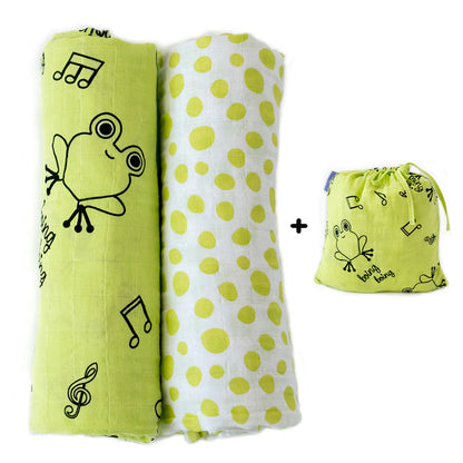 Cacha Frog 100% Cotton Swaddle Blanket Set of 2 with Storage Bag