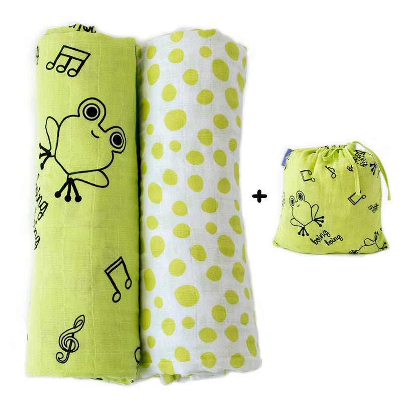 Cacha Frog 100% Cotton Swaddle Blanket Set of 2 with Storage Bag